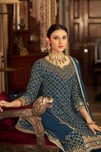 Teal Heavy Chinon Semi Stitched Kurta with Bottom & Dupatta - Dhvani | Grocsy