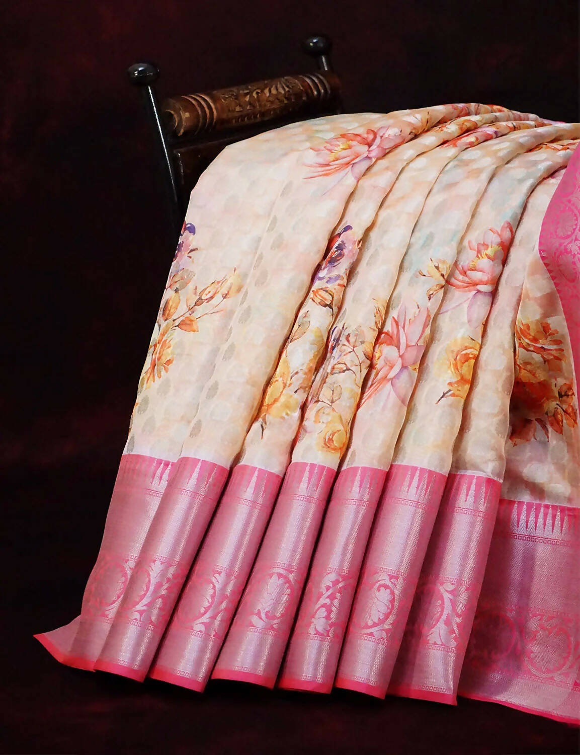 Pastel Wheat Banaras Border Buttes Floral Design Banarasi Semi Silk Saree By Gayathri Reddy Designer Studio | Grocsy