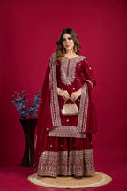 Teeya Creation Maroon Color Chinnon Silk Heavy Embroidery Work Fully Stitched Sharara Suit | Grocsy