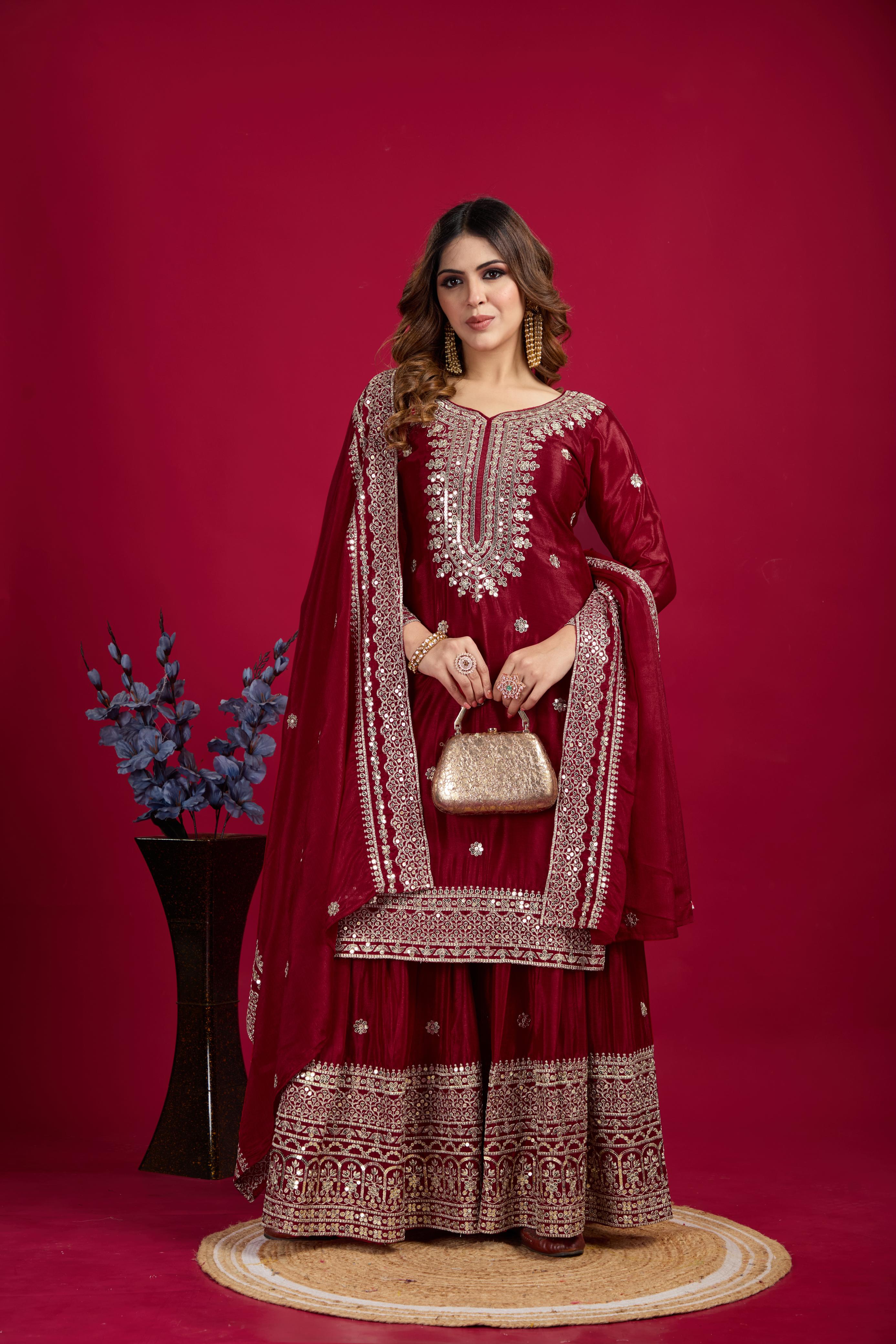 Teeya Creation Maroon Color Chinnon Silk Heavy Embroidery Work Fully Stitched Sharara Suit | Grocsy