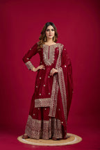 Teeya Creation Maroon Color Chinnon Silk Heavy Embroidery Work Fully Stitched Sharara Suit | Grocsy