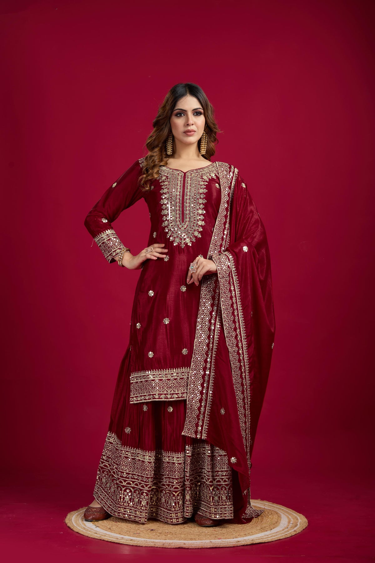 Teeya Creation Maroon Color Chinnon Silk Heavy Embroidery Work Fully Stitched Sharara Suit | Grocsy