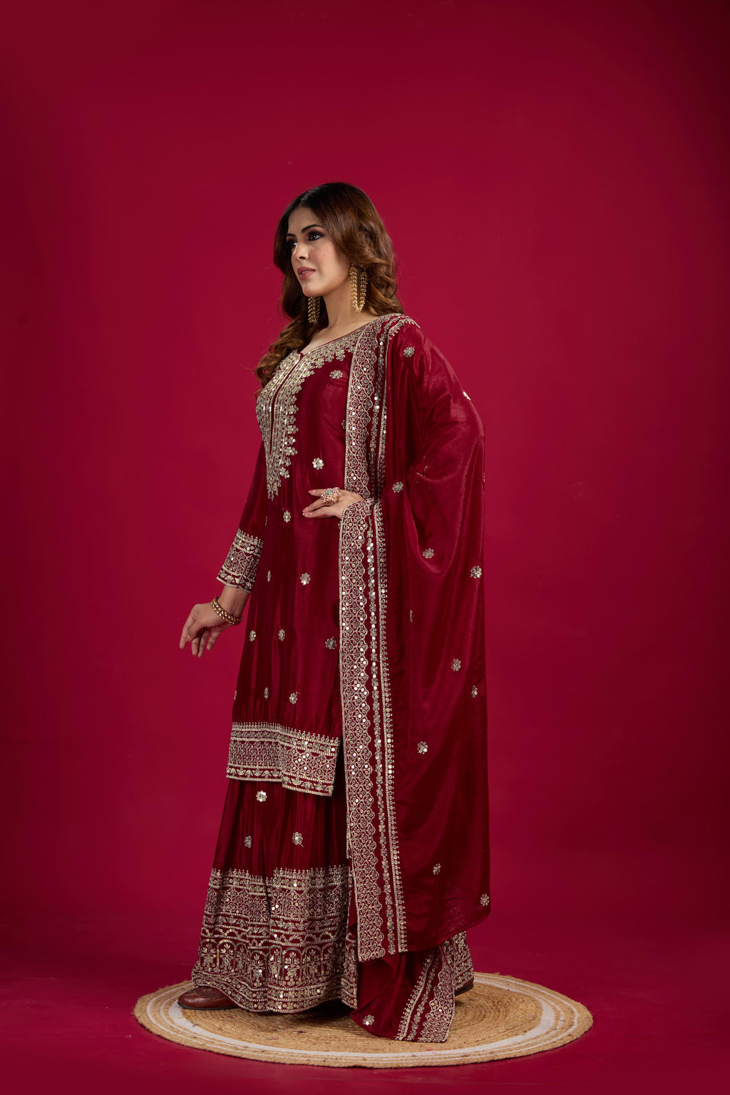 Teeya Creation Maroon Color Chinnon Silk Heavy Embroidery Work Fully Stitched Sharara Suit | Grocsy
