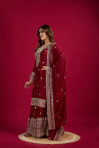 Teeya Creation Maroon Color Chinnon Silk Heavy Embroidery Work Fully Stitched Sharara Suit | Grocsy