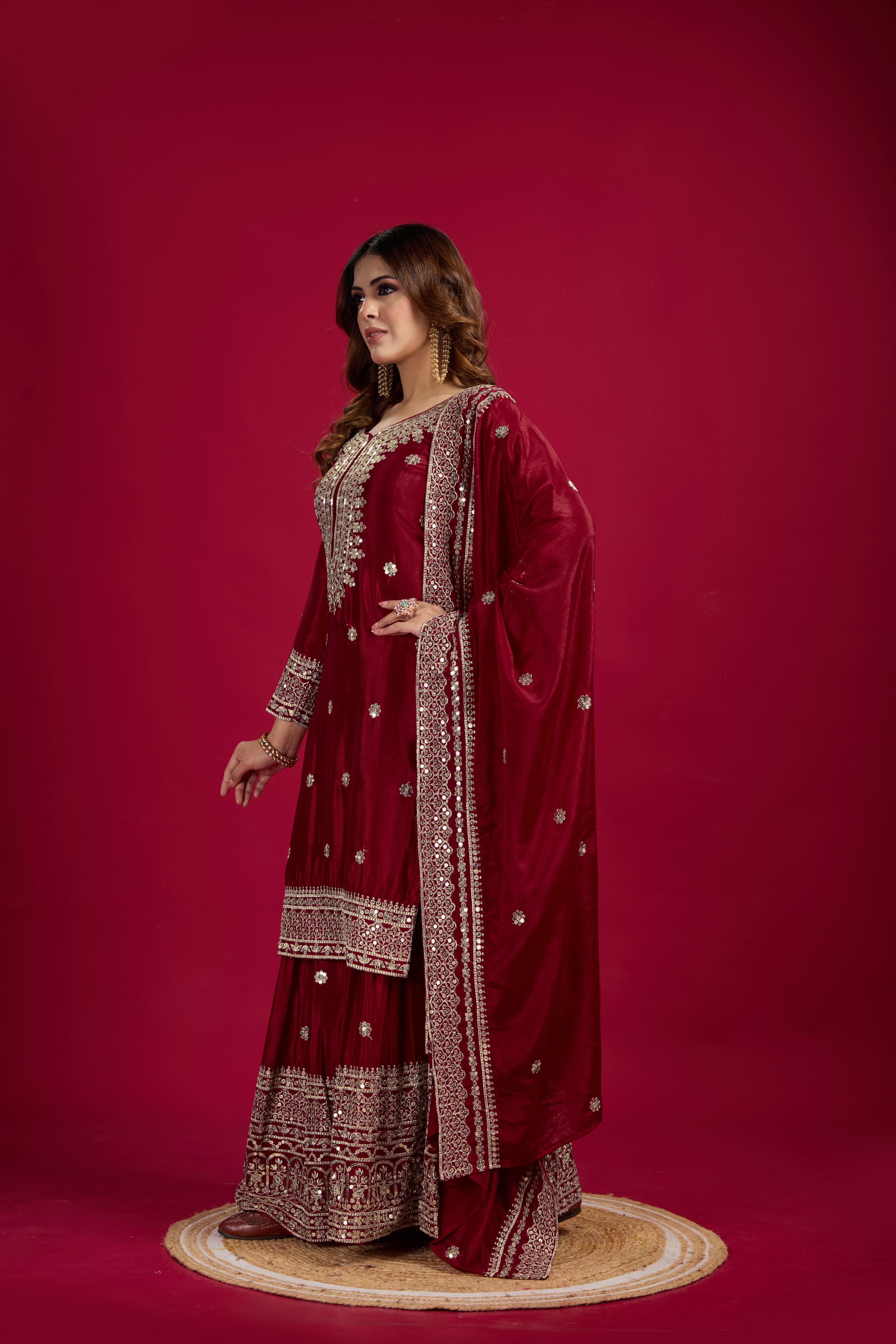 Teeya Creation Maroon Color Chinnon Silk Heavy Embroidery Work Fully Stitched Sharara Suit | Grocsy
