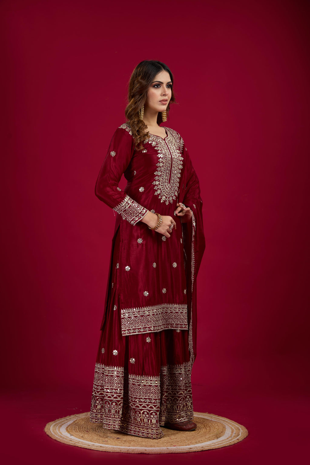 Teeya Creation Maroon Color Chinnon Silk Heavy Embroidery Work Fully Stitched Sharara Suit | Grocsy