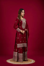 Teeya Creation Maroon Color Chinnon Silk Heavy Embroidery Work Fully Stitched Sharara Suit | Grocsy