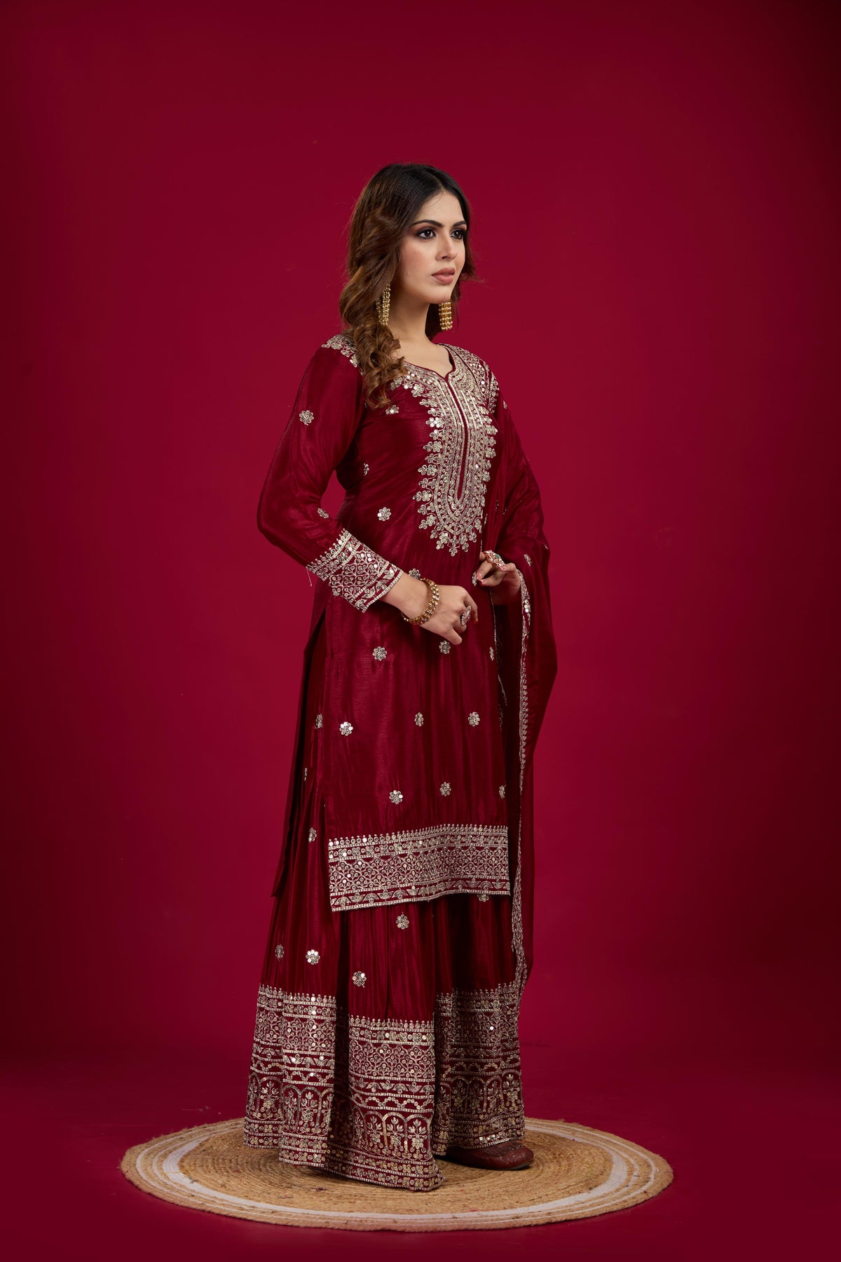 Teeya Creation Maroon Color Chinnon Silk Heavy Embroidery Work Fully Stitched Sharara Suit | Grocsy