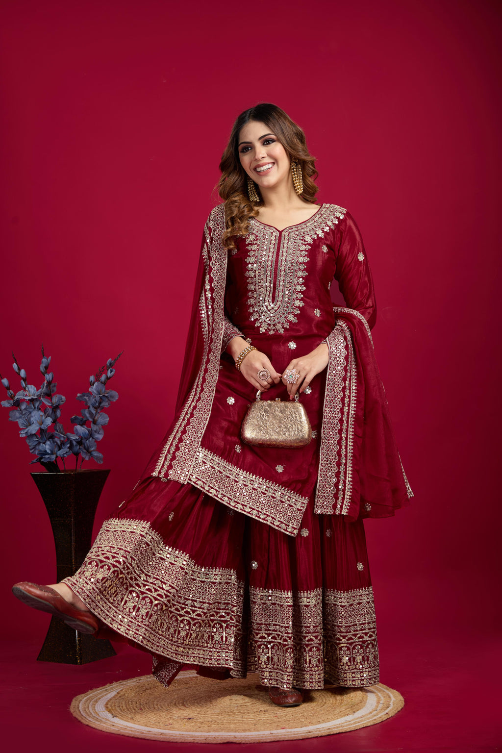 Teeya Creation Maroon Color Chinnon Silk Heavy Embroidery Work Fully Stitched Sharara Suit | Grocsy