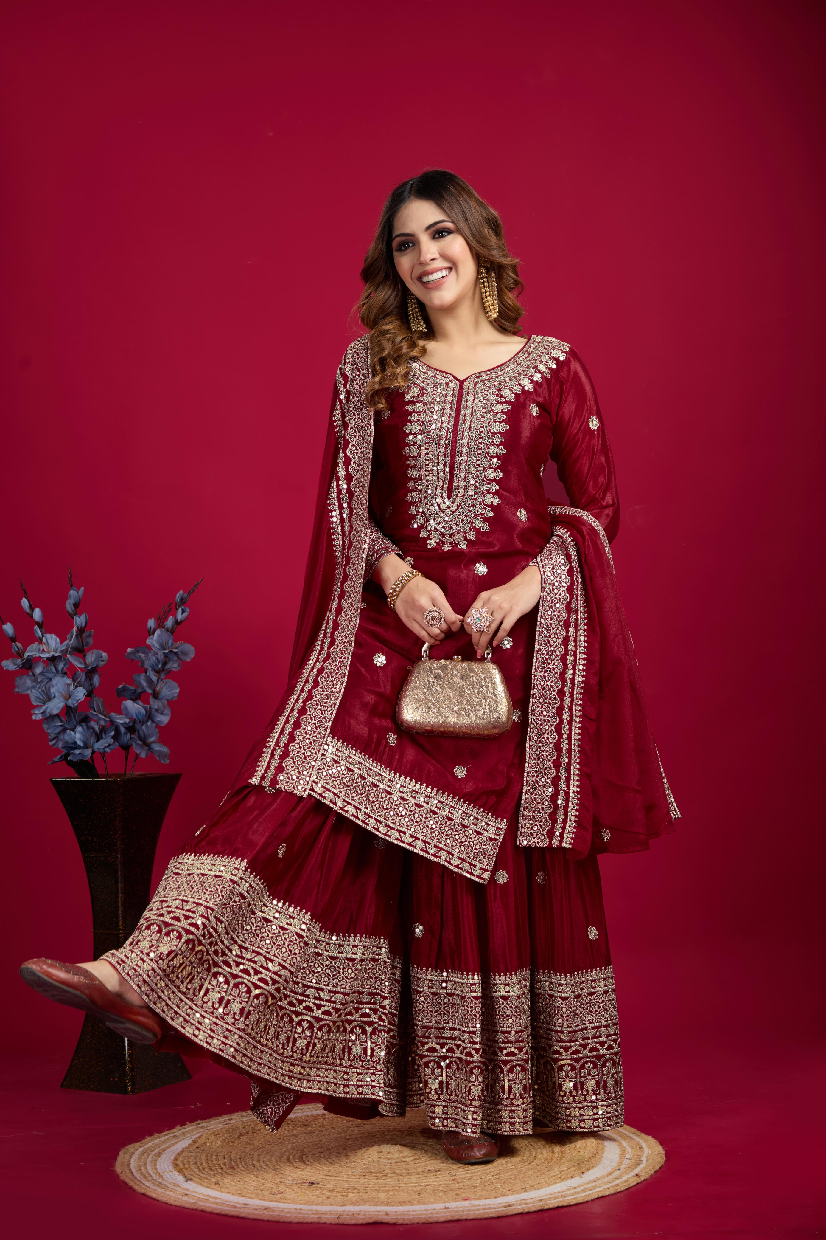 Teeya Creation Maroon Color Chinnon Silk Heavy Embroidery Work Fully Stitched Sharara Suit | Grocsy