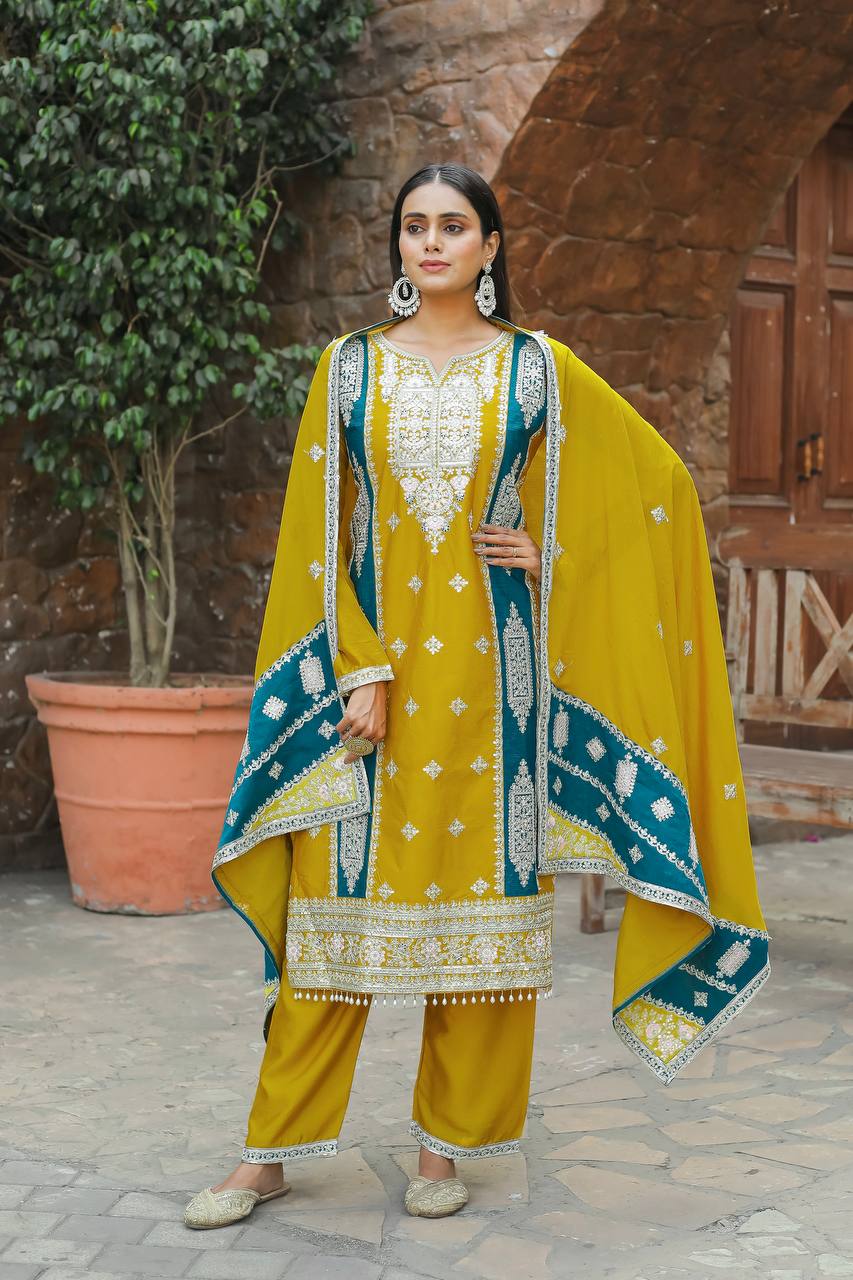 Teeya Creation Mustard Color Chinon Silk Heavy Work Fully Stitched Pakistani Salwar Suit | Grocsy