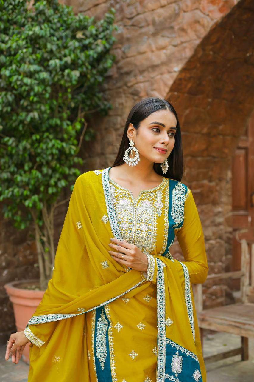 Teeya Creation Mustard Color Chinon Silk Heavy Work Fully Stitched Pakistani Salwar Suit | Grocsy