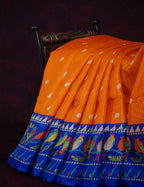 Orange Coloured Saree With Contrast Royal Blue Printed Semi Soft Silk Kota Saree By Gayathri Reddy Designer Studio | Grocsy