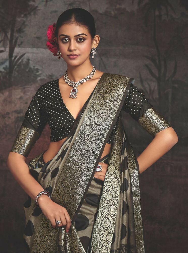Joban Fashion Dark Grey Dola Tussar Silk Self Jacquard Border Saree | Grocsy