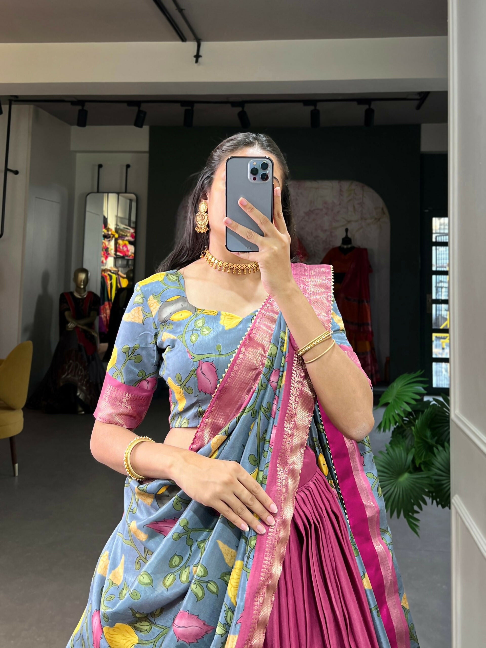 Vastranavya Kalamkari Printed Dola Silk Lehenga Choli - Pink | Grocsy