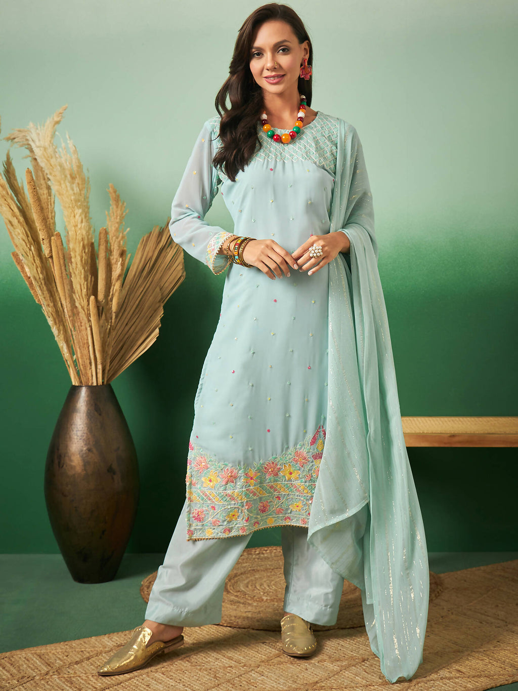 Sky Blue Georgette Handwork Unstitched Dress Material - Hanika | Grocsy
