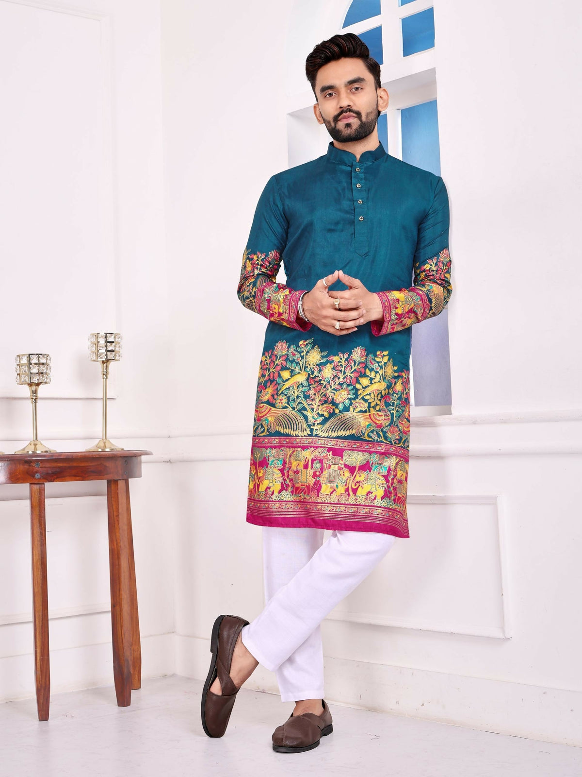 Anaita Teal Dola Silk Straight Kurta With Foil Work | Grocsy