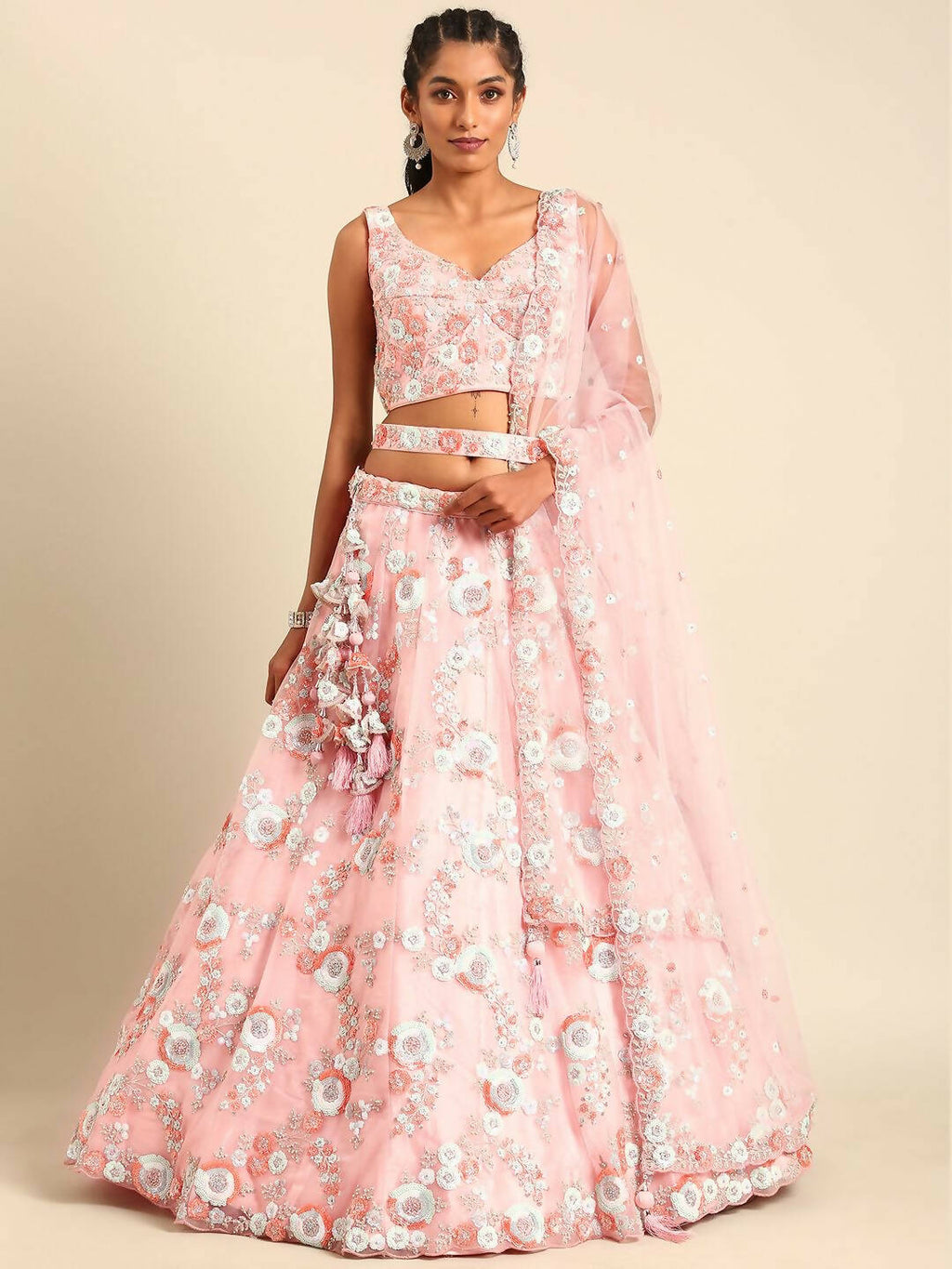 House of Panchhi Pink Net Sequins and Zarkan embroidery Lehenga choli & Dupatta | Grocsy