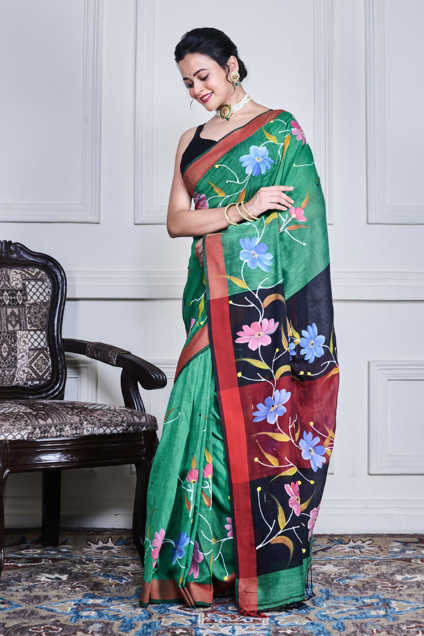 Morchari Multicolour Cotton Handloom Mirror Work Saree Unstitched Blouse | Grocsy