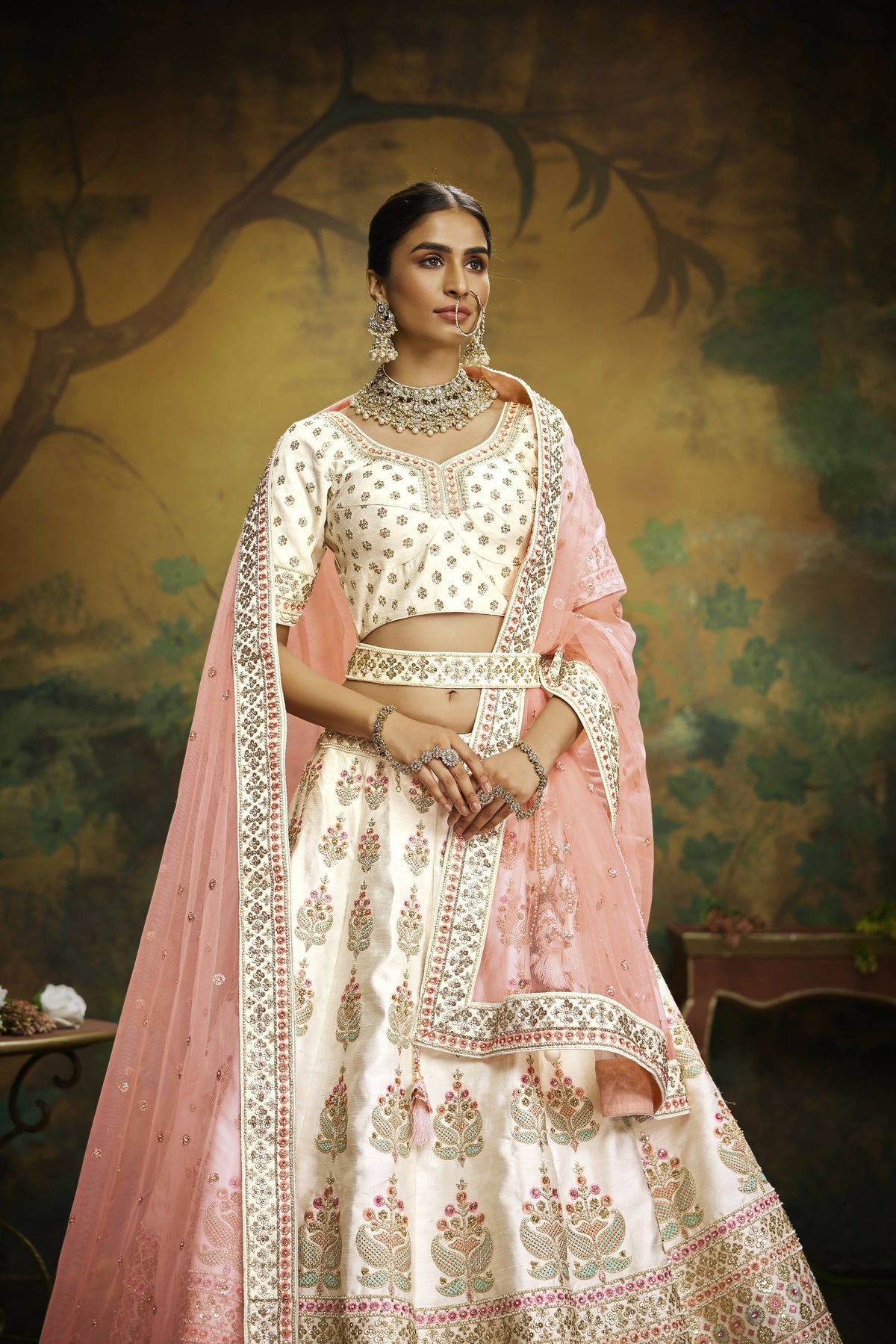 House of Panchhi Off White Pure Silk Moti & Zarkan heavy embroidery Lehenga choli & Dupatta | Grocsy