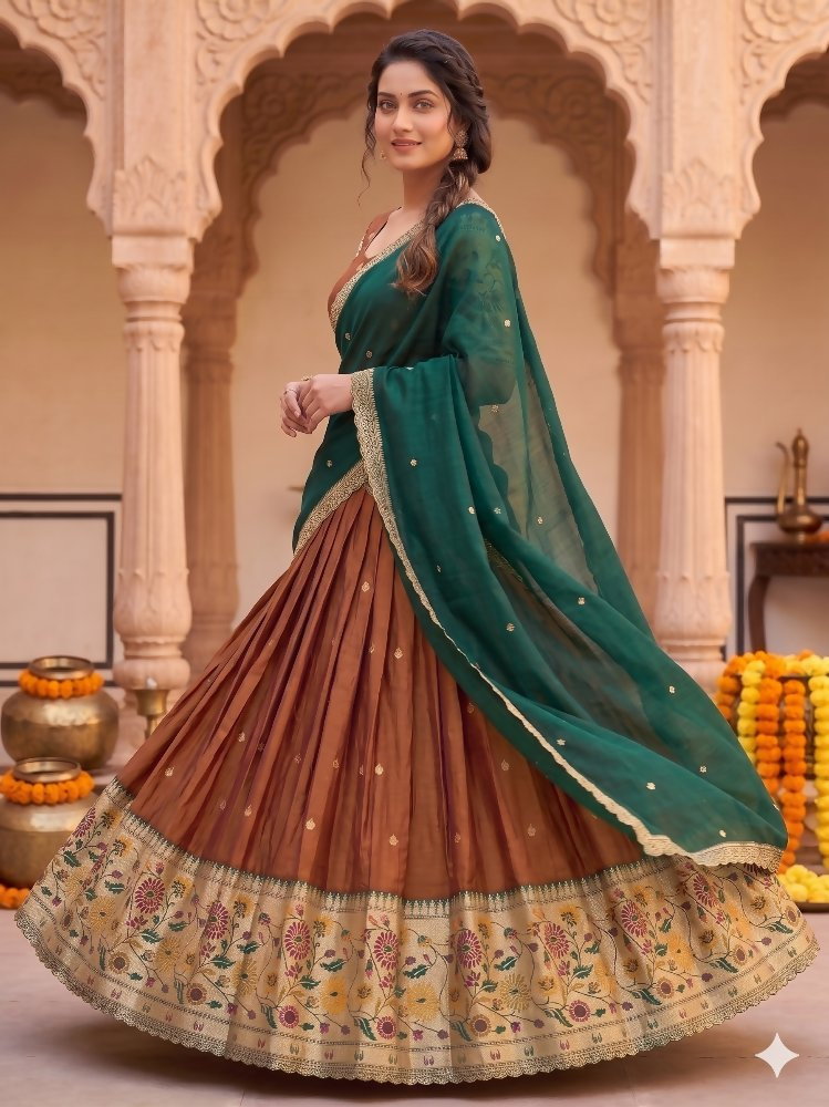 Teeya Creation Elegant Copper Brown Lehenga with Rich Emerald Green Contrast Dupatta | Grocsy