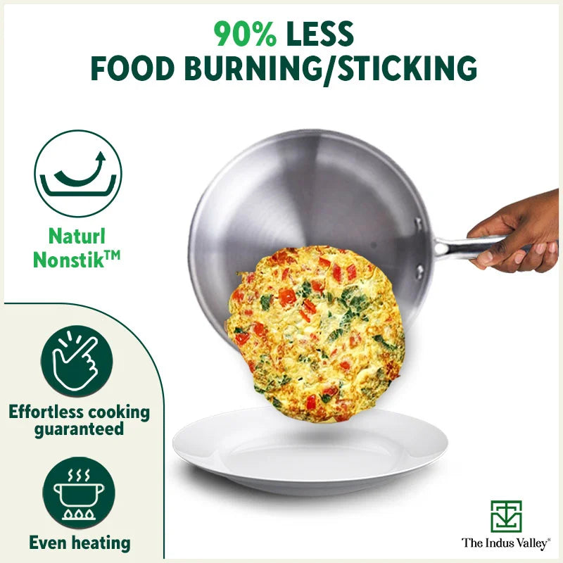 The Indus Valley TurboCuk Tri-ply Stainless Steel Fry Pan, Premium Quality, 3 Layer Thick Body, 100% Toxin-free, Non-stick, Induction & Gas,Spatula, 22/24/26 cm, 1.5/1.7/1.9L | Grocsy