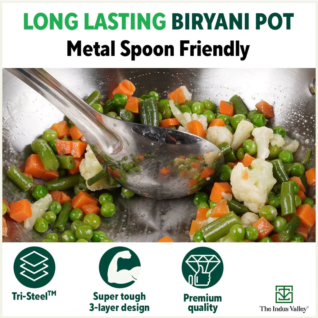 The Indus Valley TurboCuk Tri-ply Stainless Steel Biryani Cooking Pot/Casserole, Premium Quality, 3 Layer Thick Body, Cool Silicone Handles, 100% Toxin-free, Non-stick, Induction & Gas, Spatula, 2.9L | Grocsy