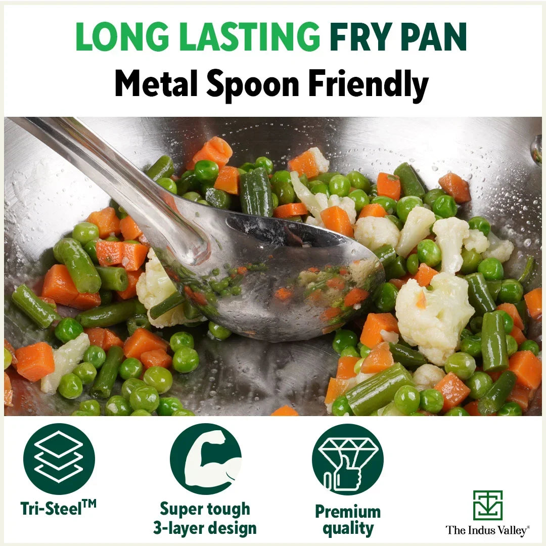 The Indus Valley TurboCuk Tri-ply Stainless Steel Fry Pan, Premium Quality, 3 Layer Thick Body, 100% Toxin-free, Non-stick, Induction & Gas,Spatula, 22/24/26 cm, 1.5/1.7/1.9L | Grocsy