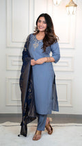 Lorenvalley Fashion Steelblue Roman Silk Hand Work Kurta Pant with Dupatta | Grocsy