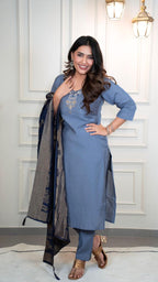 Lorenvalley Fashion Steelblue Roman Silk Hand Work Kurta Pant with Dupatta | Grocsy