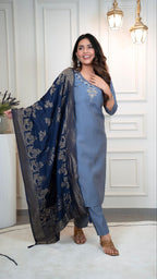 Lorenvalley Fashion Steelblue Roman Silk Hand Work Kurta Pant with Dupatta | Grocsy