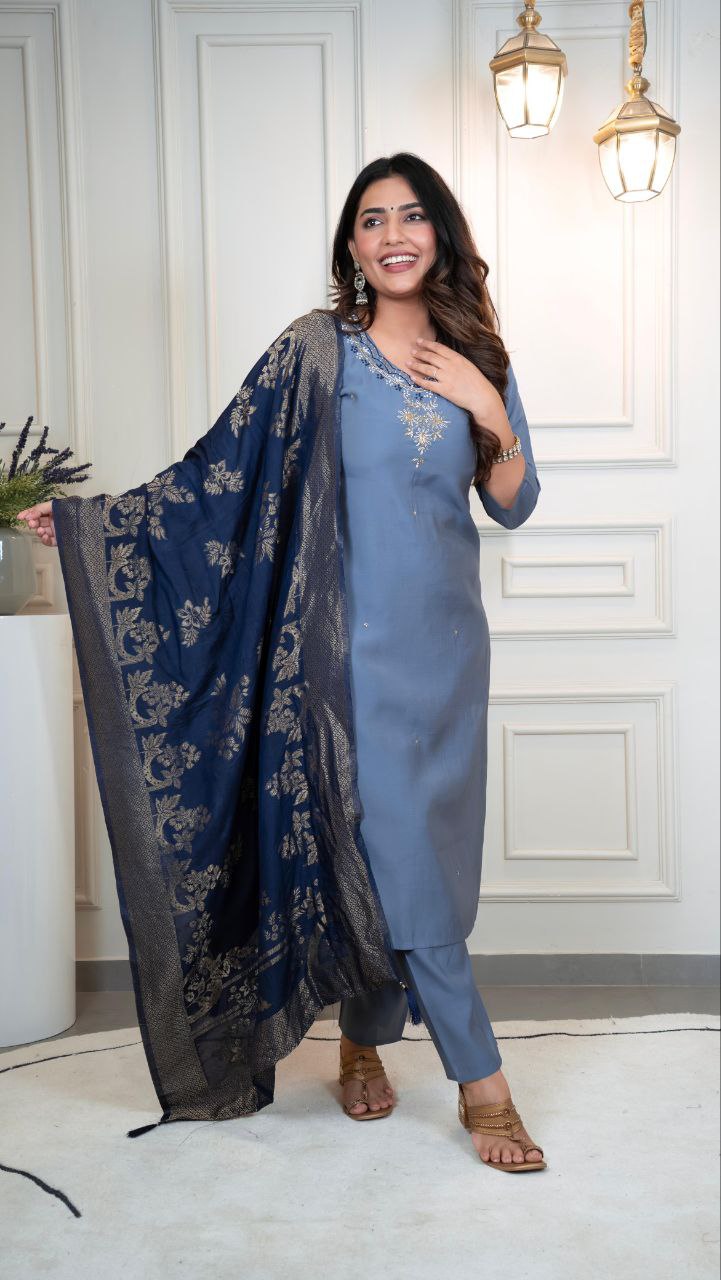 Lorenvalley Fashion Steelblue Roman Silk Hand Work Kurta Pant with Dupatta | Grocsy