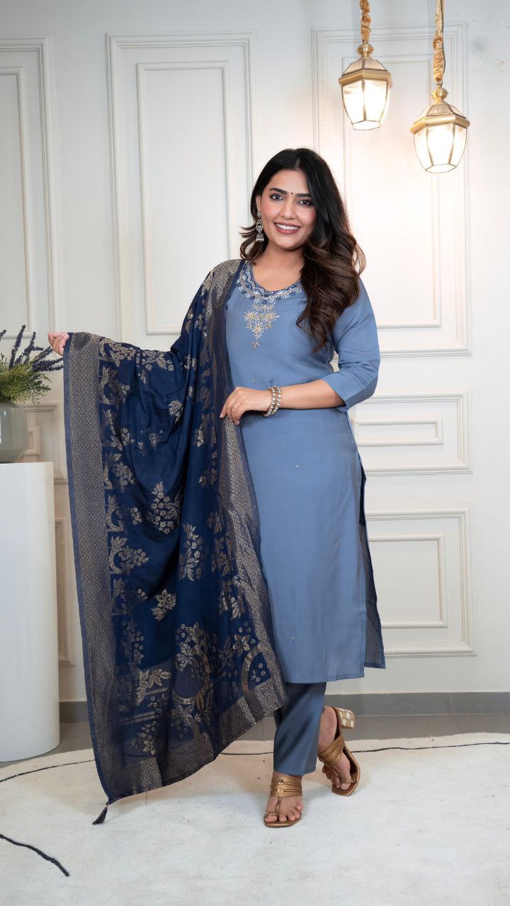 Lorenvalley Fashion Steelblue Roman Silk Hand Work Kurta Pant with Dupatta | Grocsy
