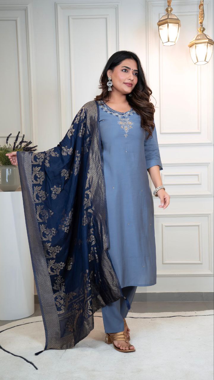Lorenvalley Fashion Steelblue Roman Silk Hand Work Kurta Pant with Dupatta | Grocsy
