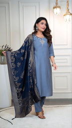 Lorenvalley Fashion Steelblue Roman Silk Hand Work Kurta Pant with Dupatta | Grocsy