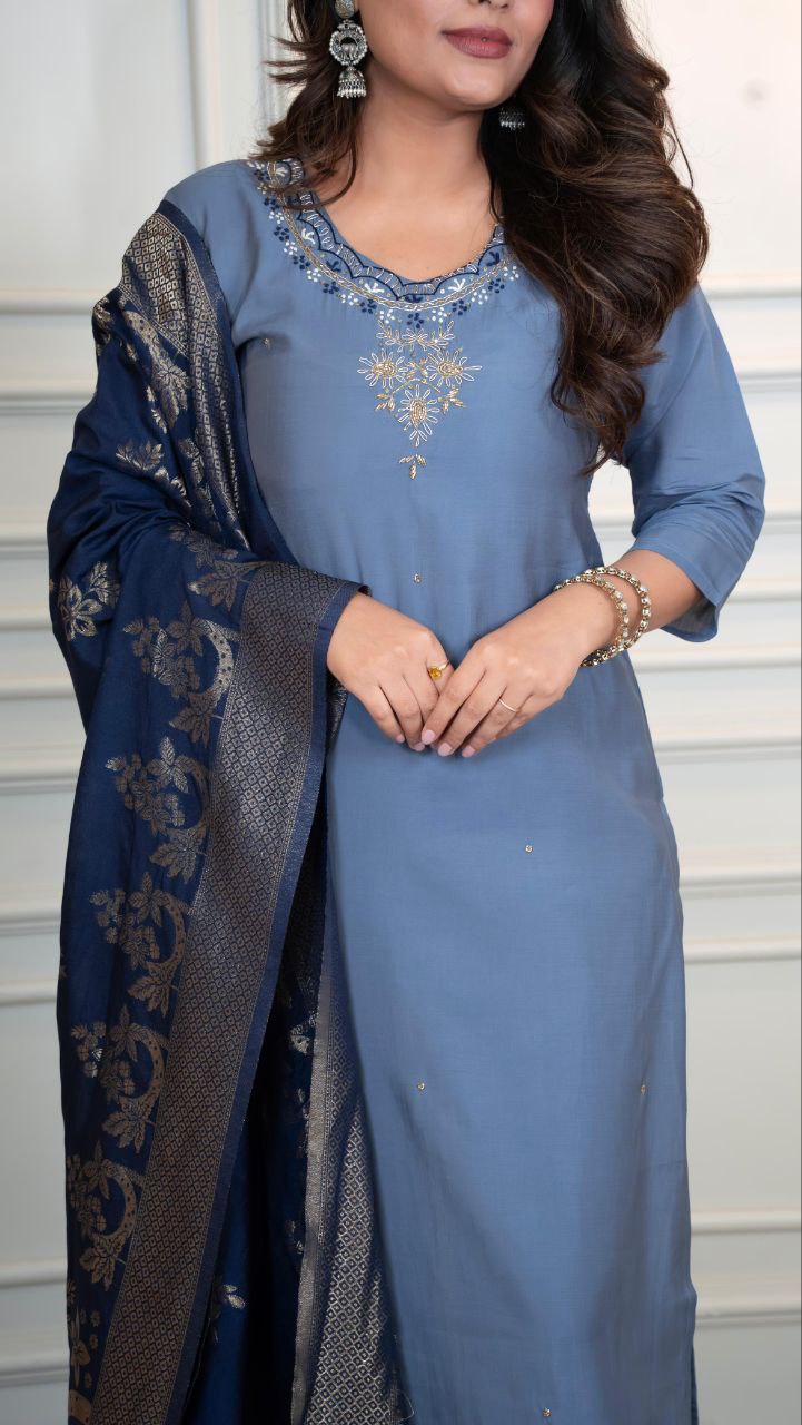 Lorenvalley Fashion Steelblue Roman Silk Hand Work Kurta Pant with Dupatta | Grocsy
