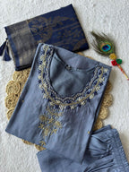 Lorenvalley Fashion Steelblue Roman Silk Hand Work Kurta Pant with Dupatta | Grocsy