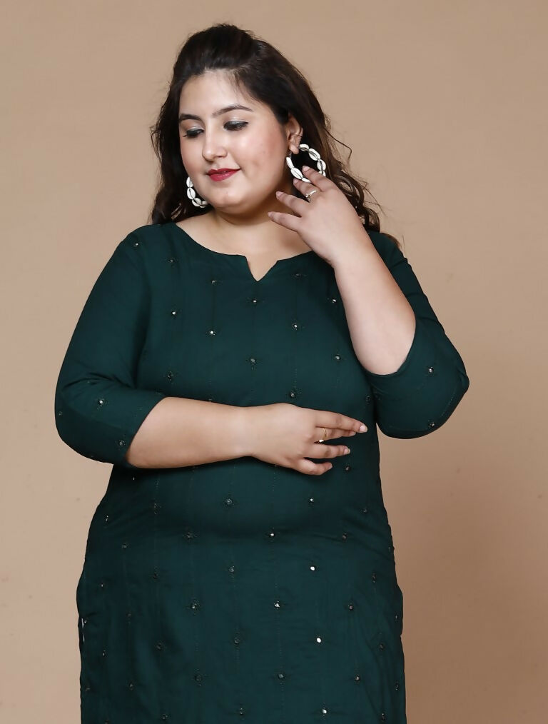 Miravan Women's Plus Size Green Embroidered Straight Kurti | Grocsy
