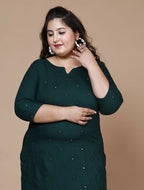 Miravan Women's Plus Size Green Embroidered Straight Kurti | Grocsy