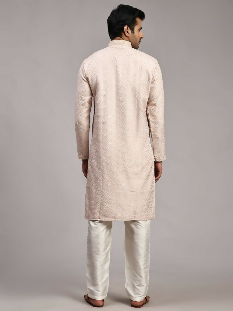 Pink Viscose Jacquard Woven Jacquard Designer Men's Rajwadi Kurta Set - Mahotsav | Grocsy