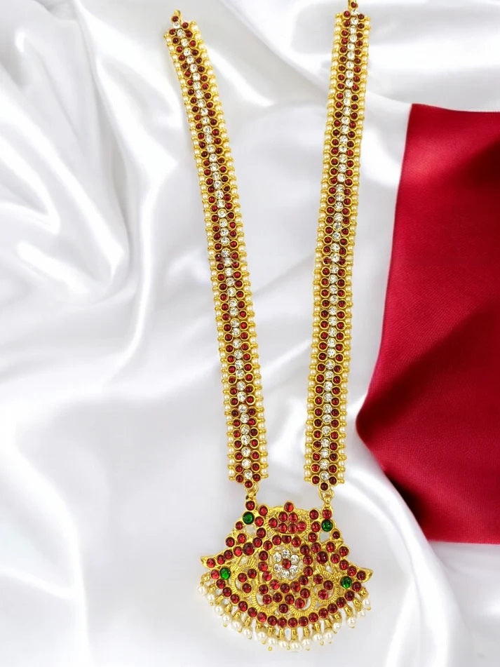 Elite Trading Handcrafted Long Haar for Bharatanatyam – Red White Stone Necklace/Bharatanatyam Kemp Long Necklace for Girls and Women | Grocsy