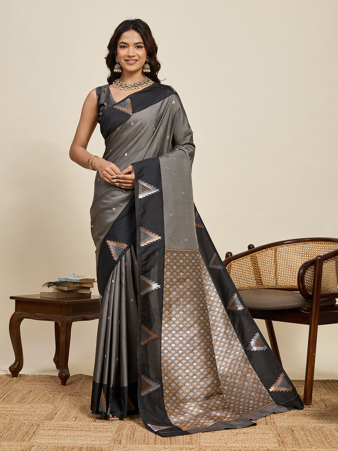 Vedant Vastram Soft Litchi Silk Banarasi Silk Jacquard Saree - Black | Grocsy