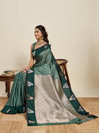 Vedant Vastram Soft Litchi Silk Banarasi Silk Jacquard Saree - Green | Grocsy