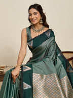 Vedant Vastram Soft Litchi Silk Banarasi Silk Jacquard Saree - Green | Grocsy