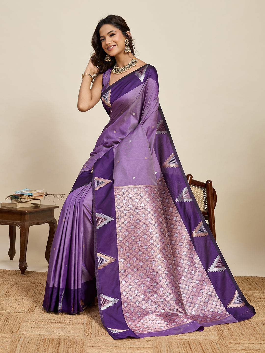 Vedant Vastram Soft Litchi Silk Banarasi Silk Jacquard Saree - Lavender | Grocsy