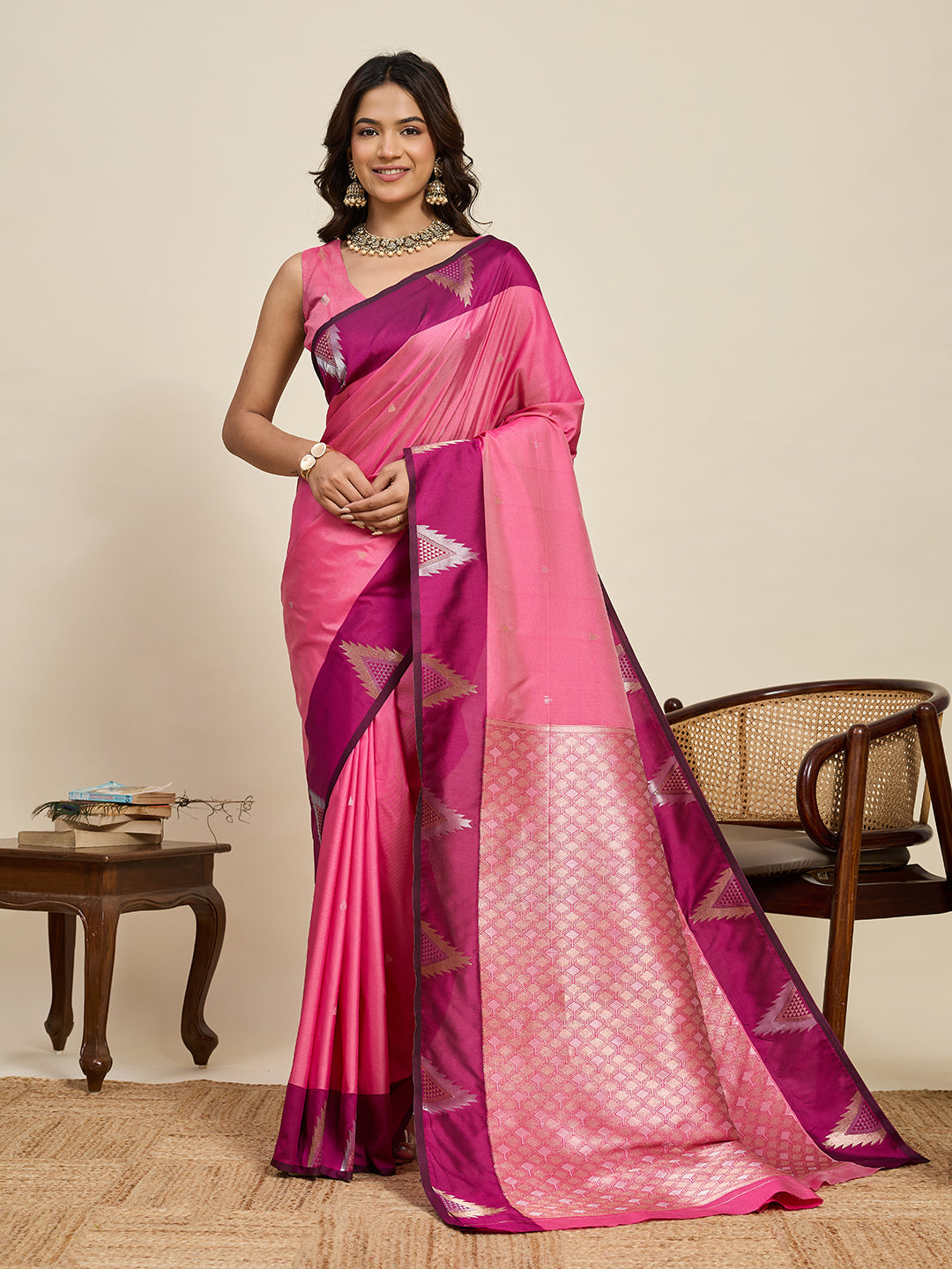 Vedant Vastram Soft Litchi Silk Banarasi Silk Jacquard Saree - Pink | Grocsy