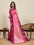 Vedant Vastram Soft Litchi Silk Banarasi Silk Jacquard Saree - Pink | Grocsy