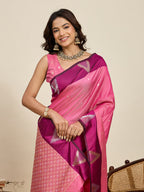 Vedant Vastram Soft Litchi Silk Banarasi Silk Jacquard Saree - Pink | Grocsy