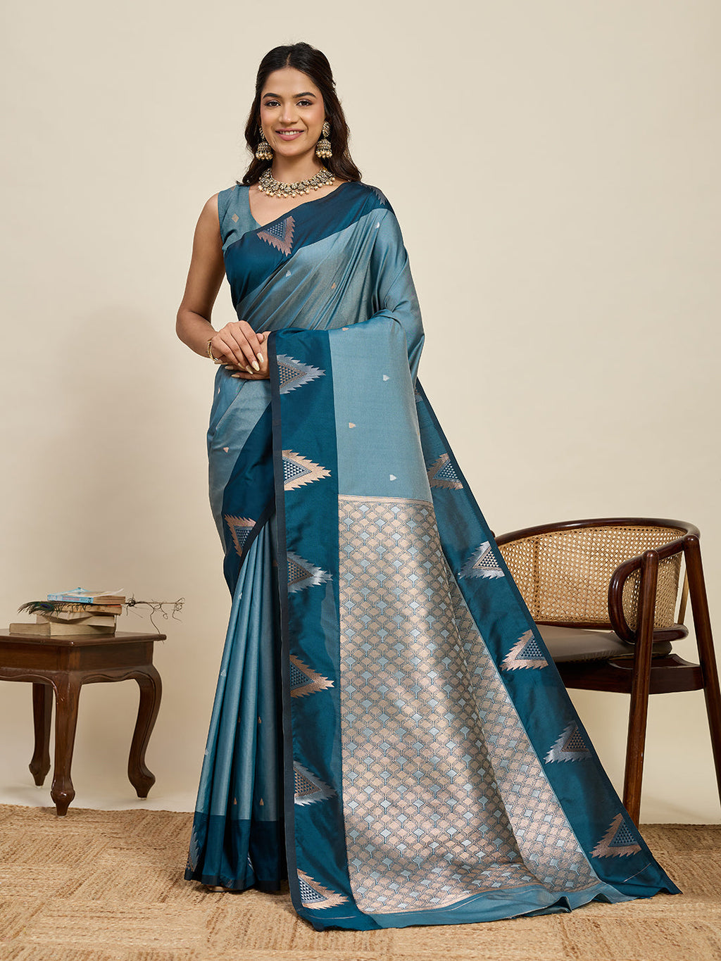 Vedant Vastram Soft Litchi Silk Banarasi Silk Jacquard Saree - Rama | Grocsy