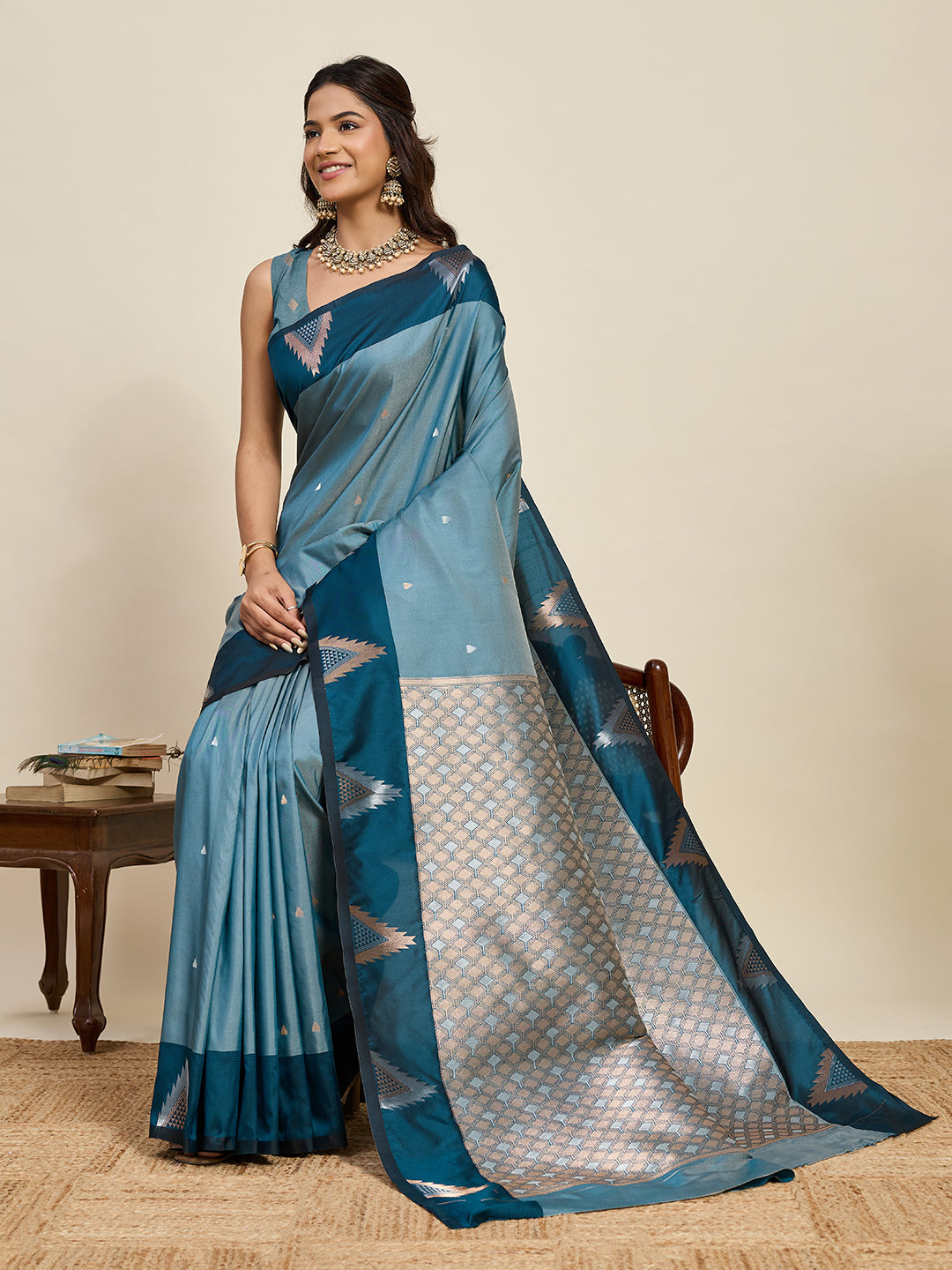 Vedant Vastram Soft Litchi Silk Banarasi Silk Jacquard Saree - Rama | Grocsy